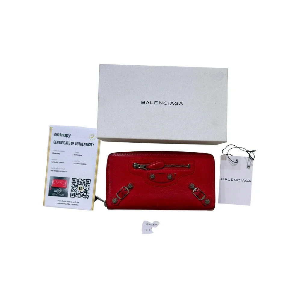 Balenciaga Red Leather City Moto Stud Zip Wallet Y2K Luxury COA Box‎
